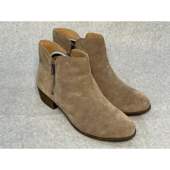 Lucky Brand LK Breah Suede Heeled Ankle Booties Taupe Women's Sz 12M/42 EUC! - Picture 1 of 8